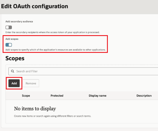 This screen shot is of the next step in the configuration of the IDCS of OTM confidential application. It shows the Edit OAuth configuration page specifically the Scopes section. The Add scopes option is shown as selected and is highlighted in a red box. You select the Add scopes option to specify which of the application's resources are available to other applications. Also, the Add button is highlighted by a red box.