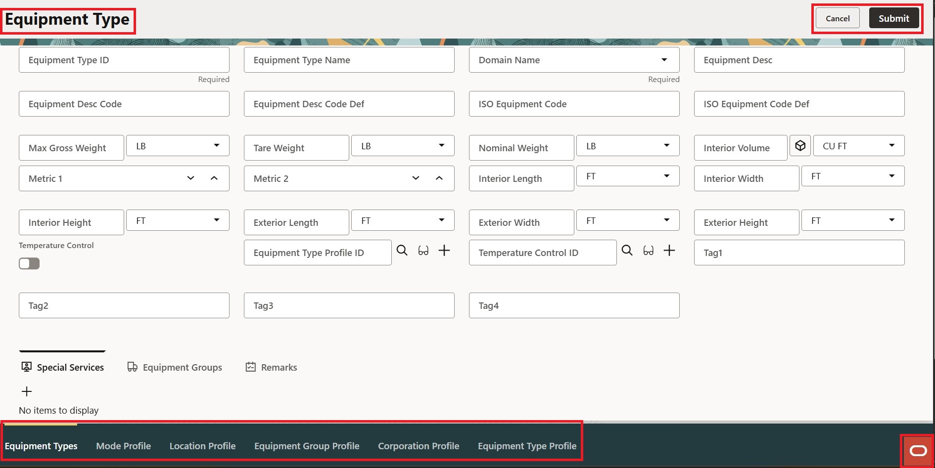 An image of the Equipment Type manager with the page header, the Cancel and Submit buttons, and the navigation area on the bottom of the page all highlighted.