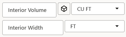 An image of the Interior Volume and Interior Width fields. Each field is followed by unit of measure drop-down lists. The Interior Volume has a UOM of CU FT selected. The Interior Width field has a UOM of FT. The image also contains the Volume icon which is an image of a cube. 