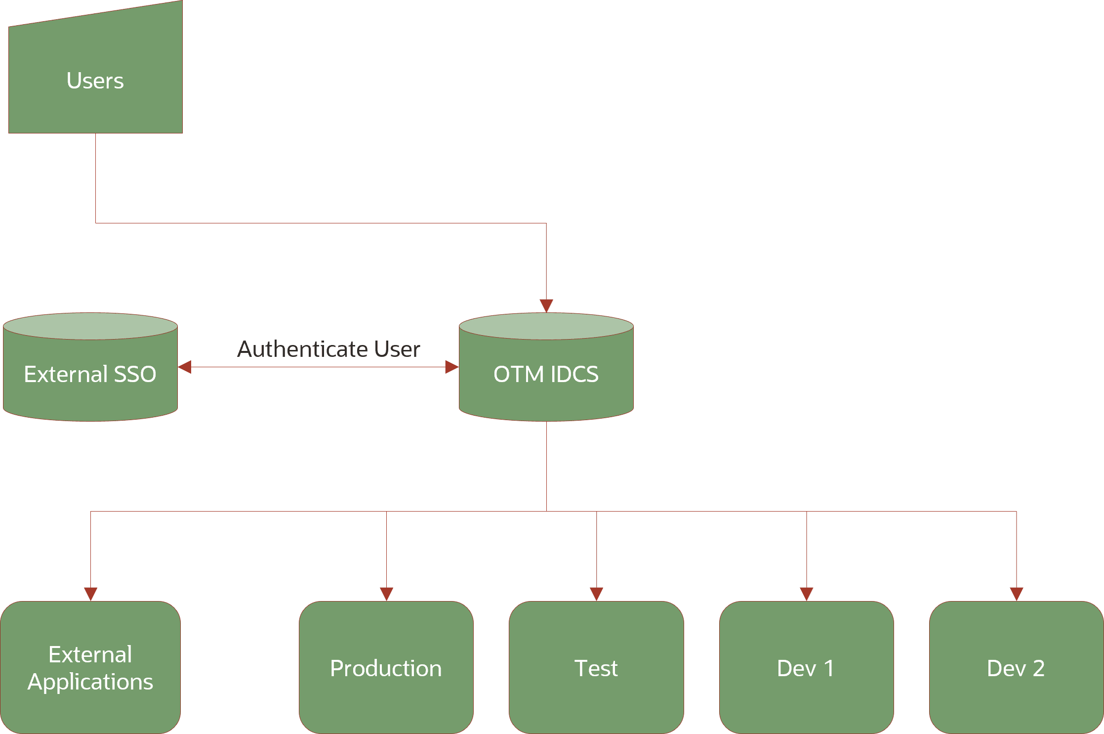 A flow diagram showing a user connecting with OTM IDCS and then an External SSO. The External SSO authenticates users and communicates that back to the OTM IDCS. The OTM IDCS then connects to external applications, production, test, and Dev1 and Dev 2 instances.