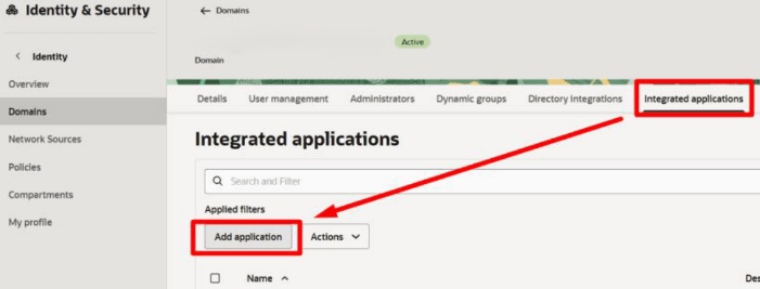 This is a screen shot of the IDCS for Fusion's domains page with the Integrated applications tab selected and highlighted with a red box. On the Integrated applications tab, the Add application button highlight with a red box.