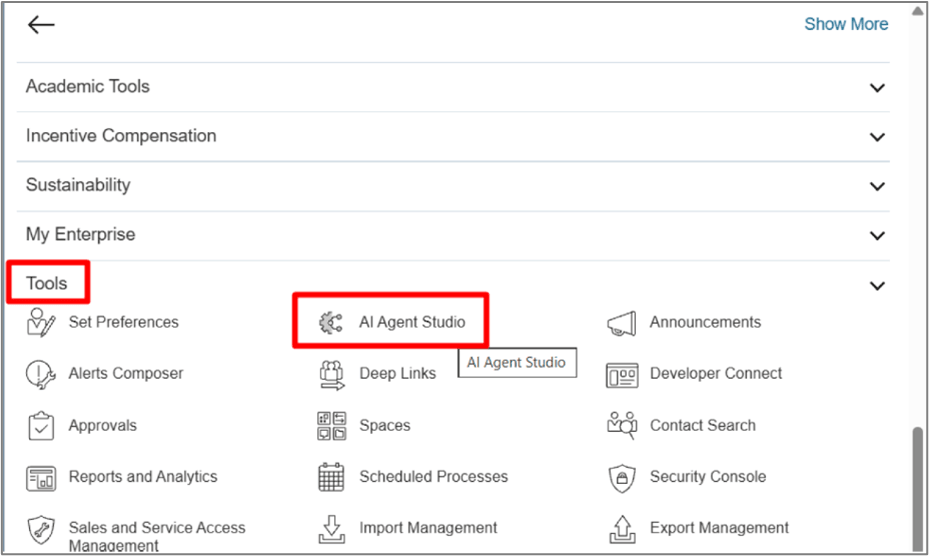 This image is a screen shot of the AI Agent Studio Navigator with Tools and AI Agent Studio highlighted by red boxes.