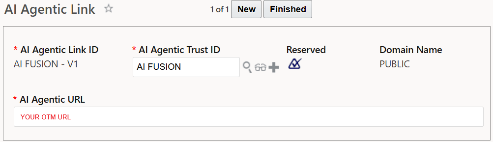 This image is a screen shot of the OTM AI Agent Link edit page with the record AI FUSION - V1 displayed.