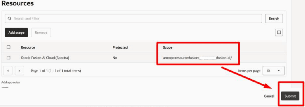 This image is a screen shot of the Resources section with the Or(Spectra) and the scope of urn:opc:resource:fusion:<fusionservername>:fusionai/. The Scope and Submit button are highlighted with a red box.