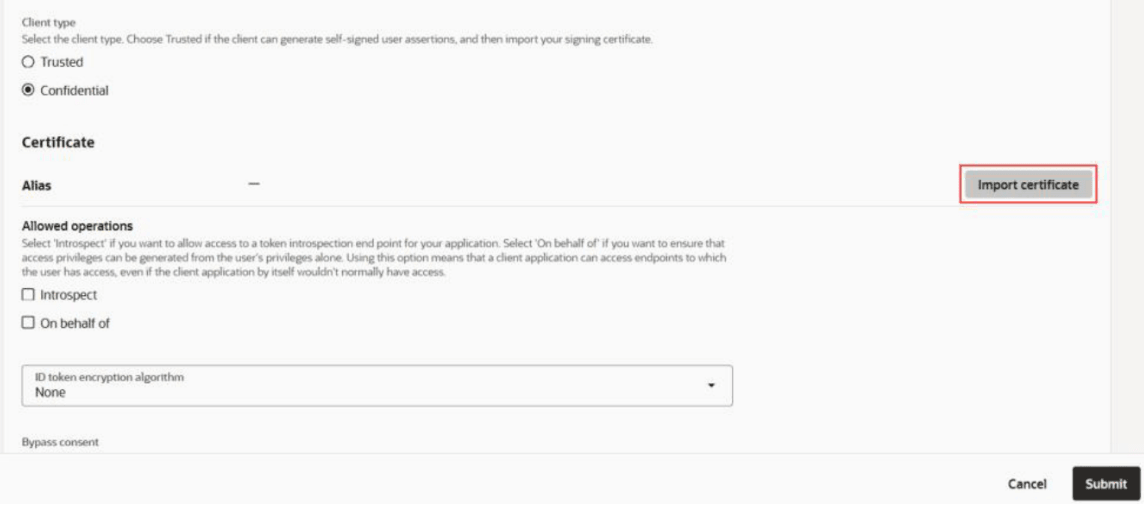 This image shows the Certificate section of the Edit OAuth configuration screen. The Import certificate button is highlighted by a red box.