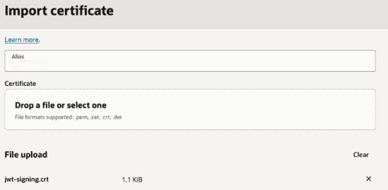 This is an image of the Import certificate drawer that was opened above by the Import certificate button. The uploaded certificate of jwt-signing.crt is shown in the File uploaded section.