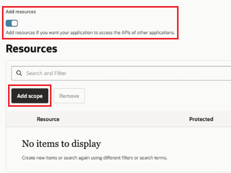 This screen shot is of the next step in the configuration of the IDCS of OTM confidential application. It shows the Edit OAuth configuration page specifically the Resources section. The Add resources option is shown as selected and is highlighted in a red box. You select the Add resources option to add resources if you want your application to access the APIs of other applications. Also, the Add scope button is highlighted by a red box.