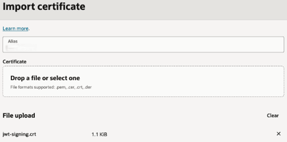 This image is a screen shot of the Import certificate screen. The Alias has the value of OTM_GTM and the File upload section has an entry of jwt-signing.crt.