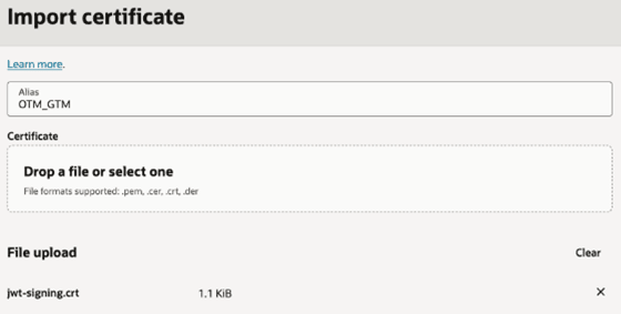 This image is a screen shot of the Import certificate screen. The Alias has the value of OTM_GTM and the File upload section has an entry of jwt-signing.crt.