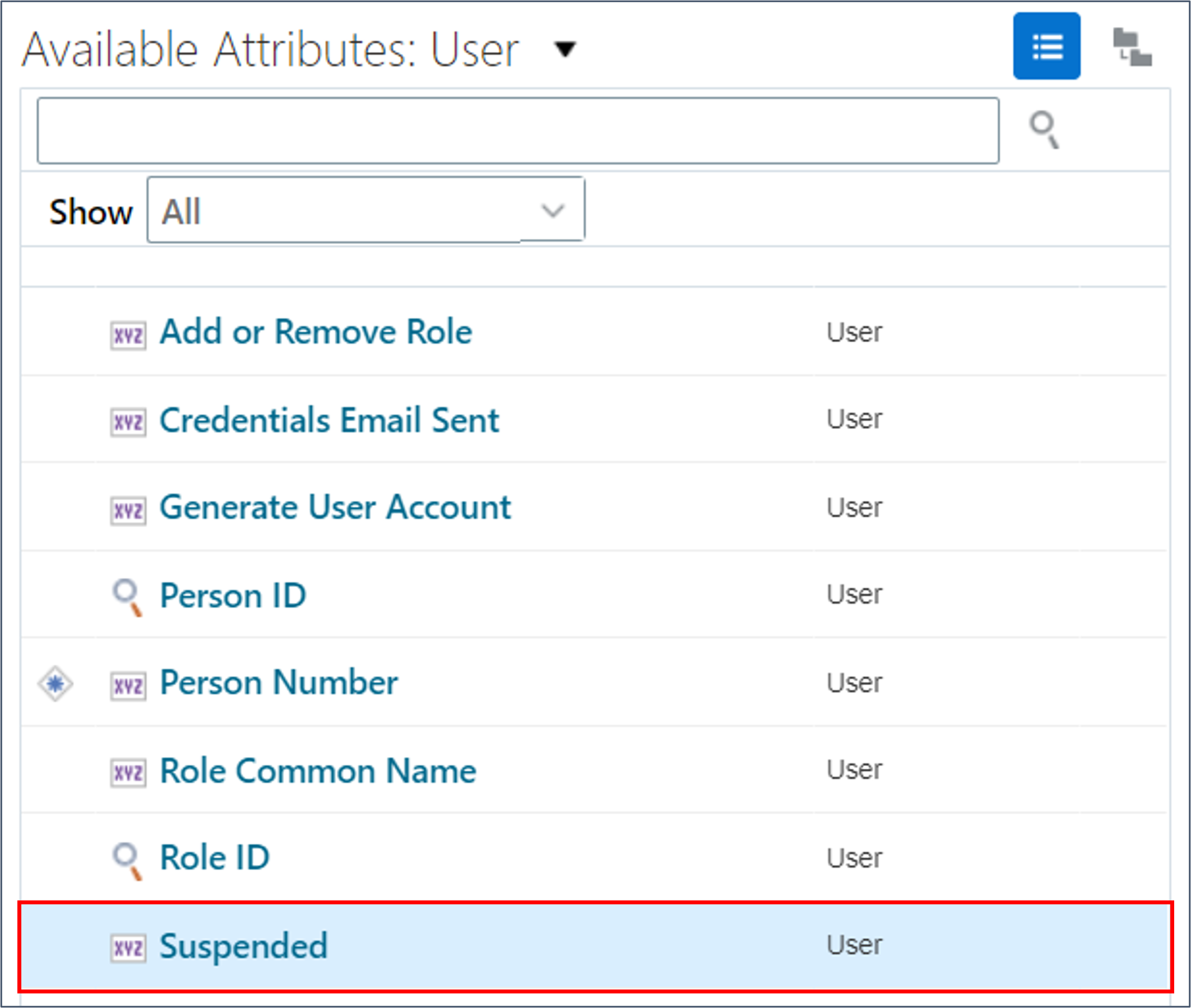 Drag the Suspended attribute into the Selected Attributes panel.