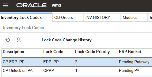 Inventory Lock Codes screen