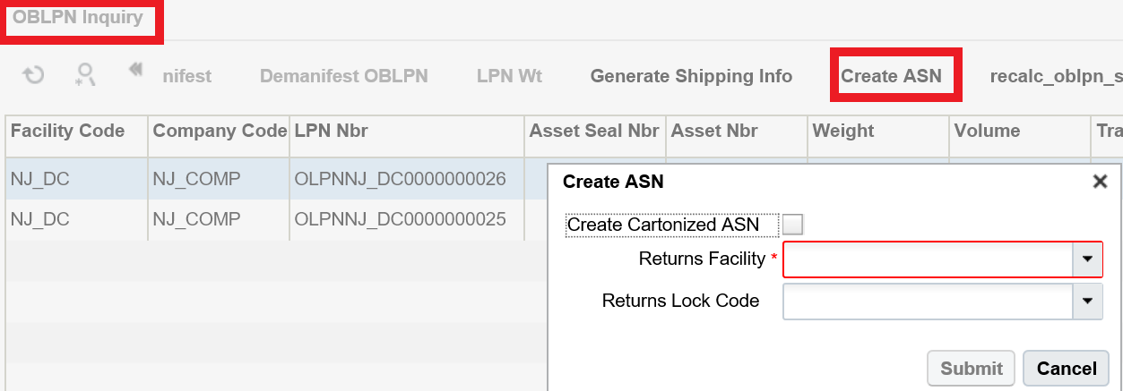 OBLPN Inquiry – Create ASN