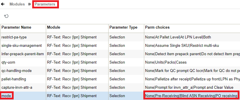 PO Receiving Parameter Choice