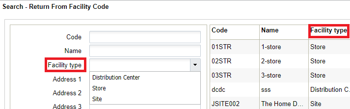 Search – Return from Facility Code