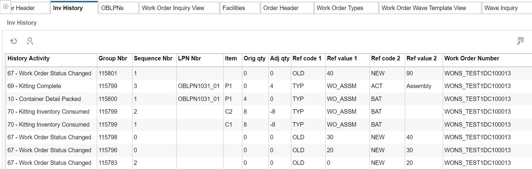 work order inventory history