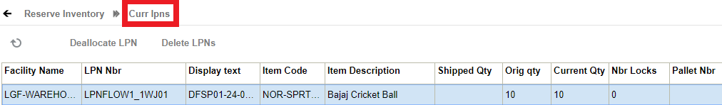 Reserve Inventory, current lpns screen.