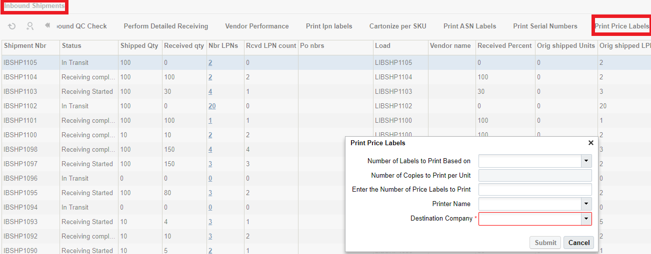 printing price label for inbound shipment