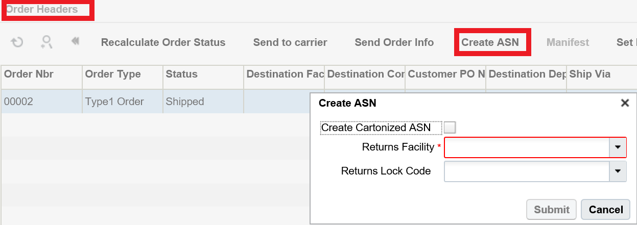 Create ASN – Order Headers