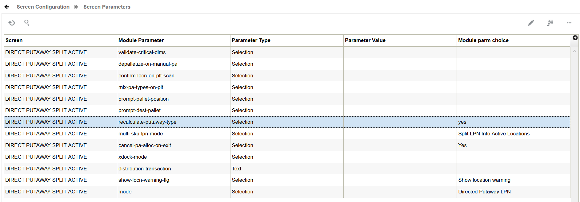 Putaway Type Screen Parameter