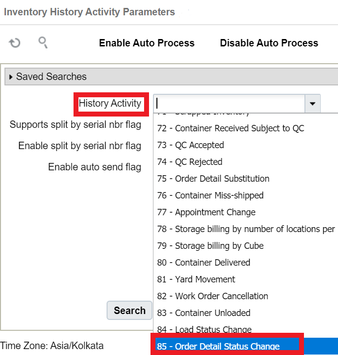 Inventory History Activity Parameters