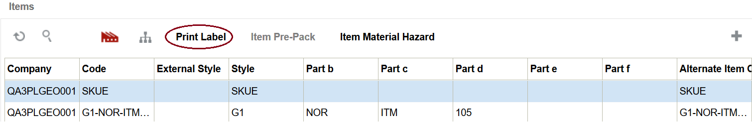 Print label button from Item UI.