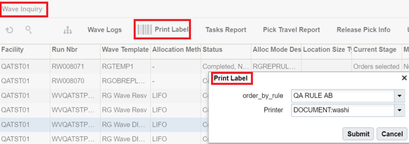 Printing labels from the Wave Inquiry screen.