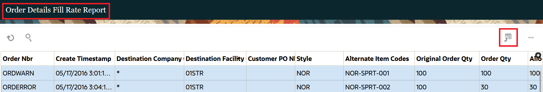 Order Details Fill Rate Report UI