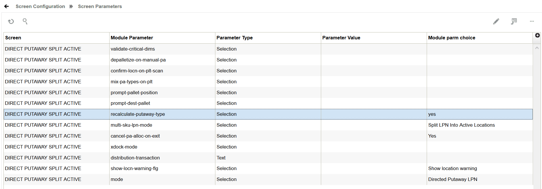 Putaway Type Screen Parameter