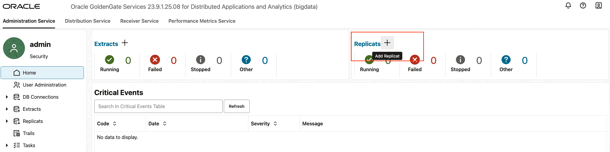 Click + in the Administration Service tab