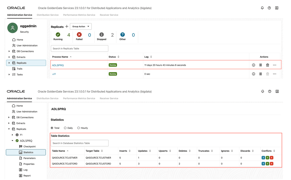 Go to replicat/statistics to see the replication statistics.