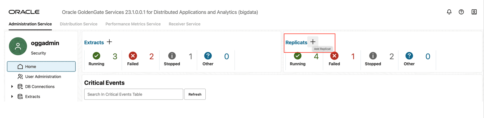 Go to Administration Service and click + sign to add a replicat.