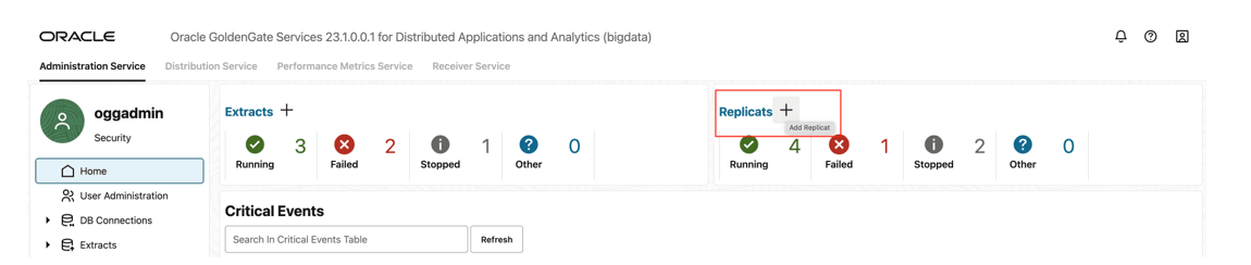 Go to Administration Service and click + sign to add a replicat. Go to Administration Service and click + sign to add a replicat.