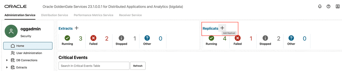 Go to Administration Service and click + to add a replicat.