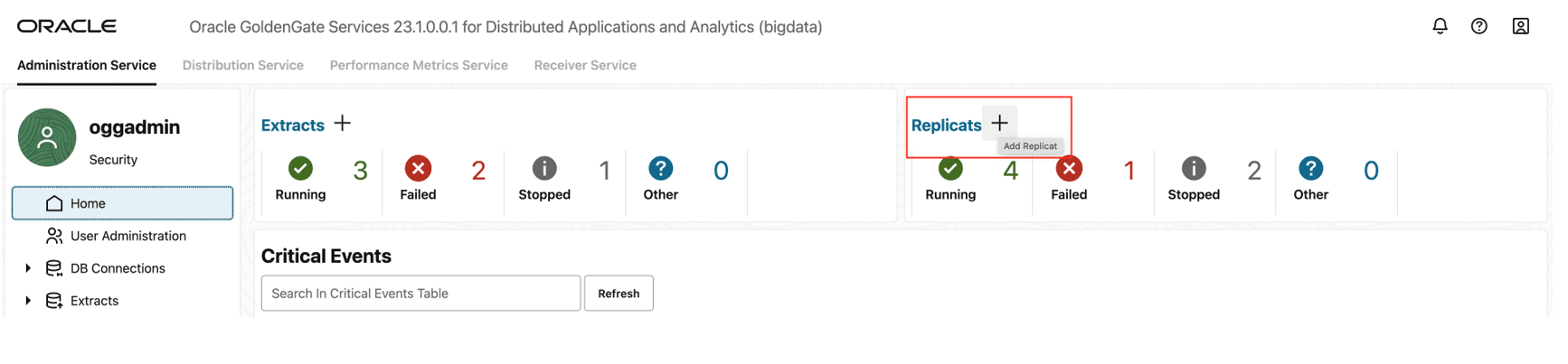 Go to Administration Service and click + sign to add a replicat.
