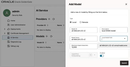 Service Manager automatically detects the ONNX model file and tokenizer and allows you to add the model from the Service Manager.