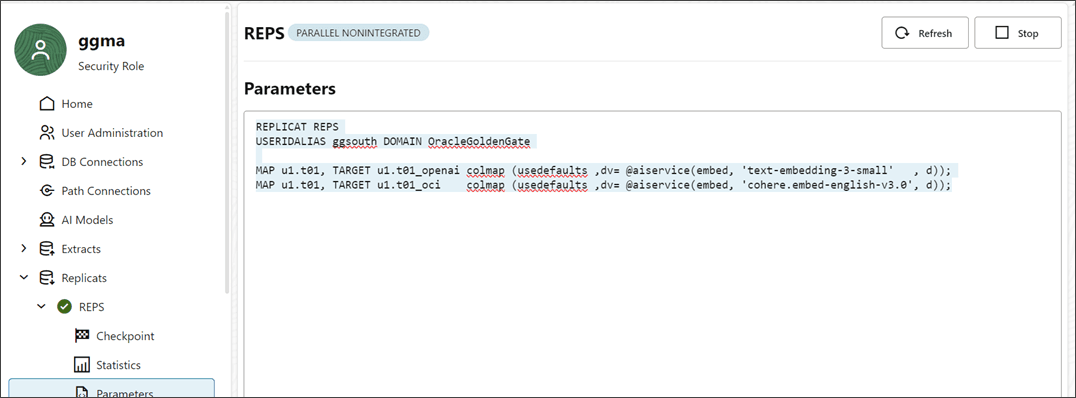 Replicat parameters file shows the use of AI Service embedded AI models.