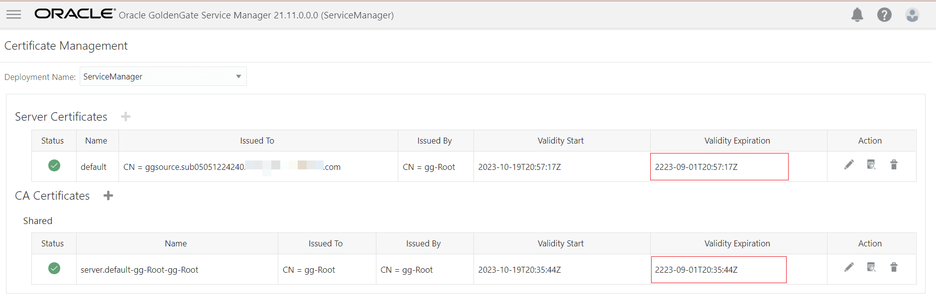 Certificate management page showing certificate details including certificate start and end date