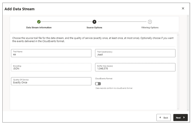 Data Stream dialog box: Source Options page