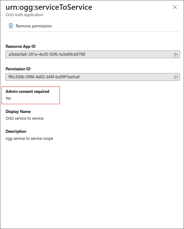 Admin consent required is set to Yes in the urg:ogg:serviceToService.