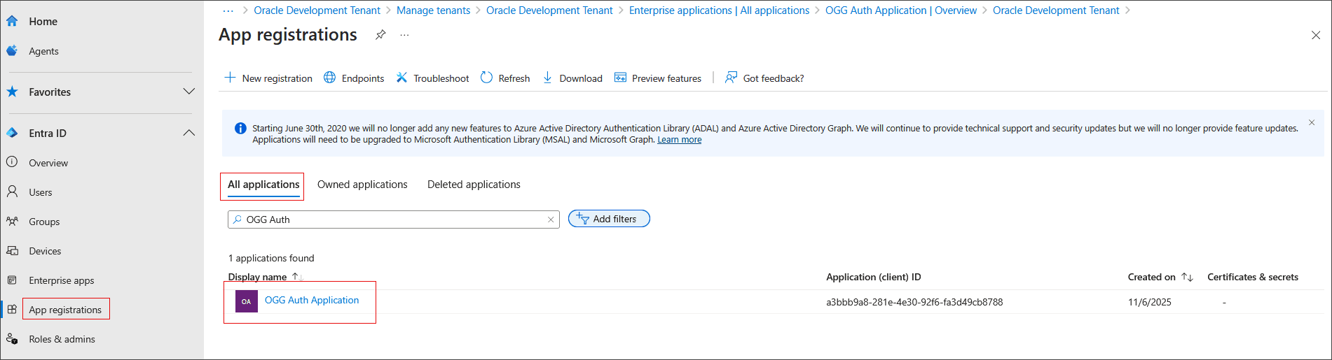 Access the registered application to determine its details.