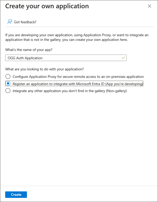 Select to register an enterprise application with Microsoft EntraID for Oracle GoldenGate authorization profile