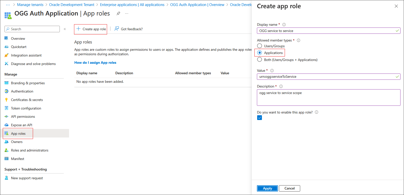 Create app roles for Oracle GoldenGate service