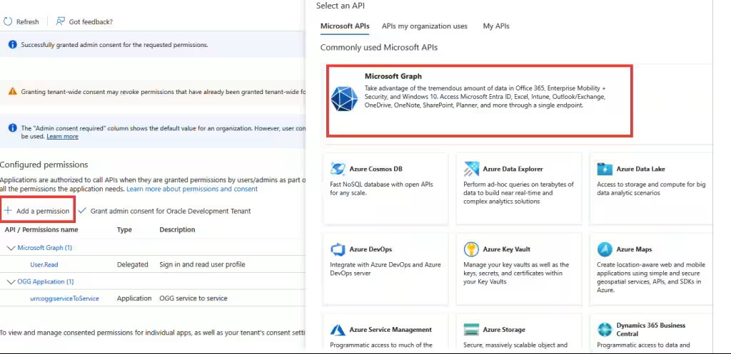 Add permissions and the select for Microsoft Graph option to begin adding application permissions.
