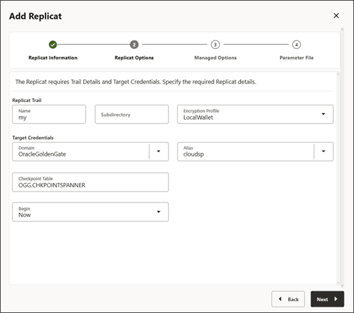 Specify the Replicat options such as trail file name, and checkpoint table name