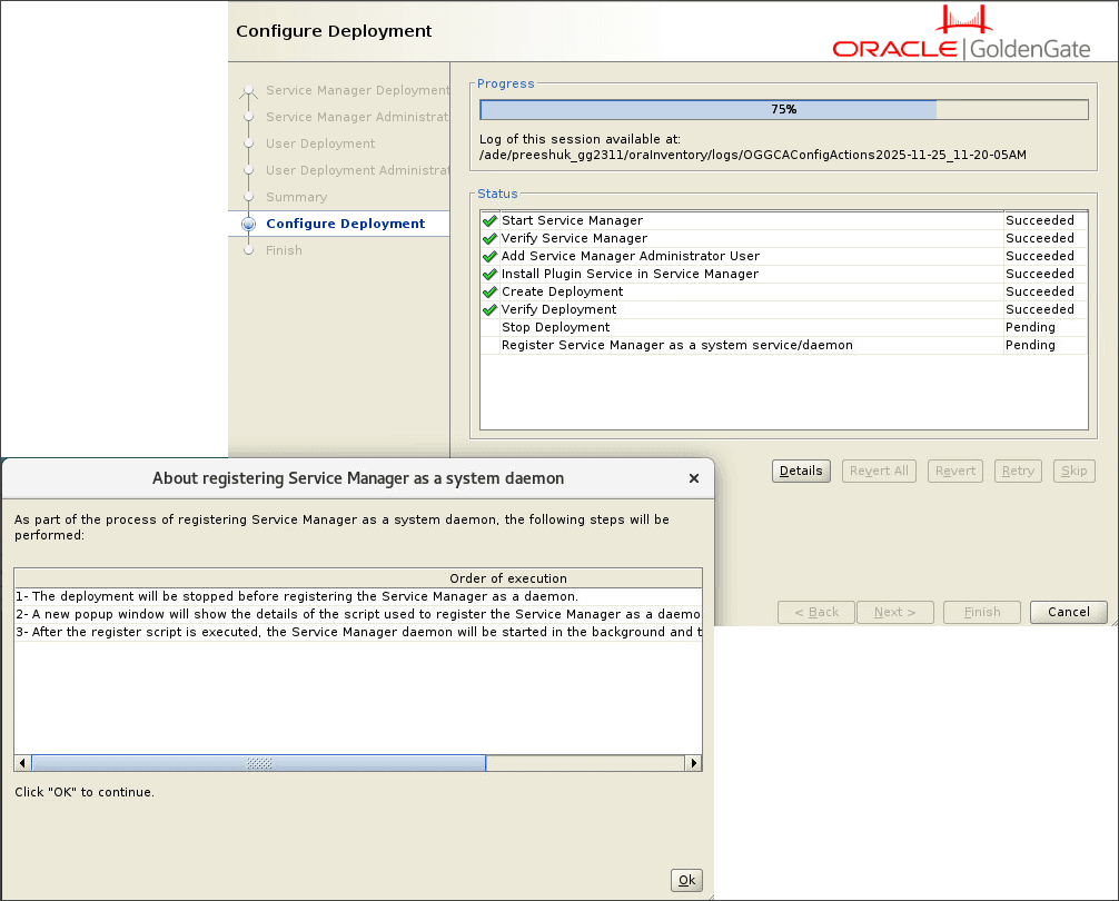 Configure Deployment screen displays a pop-up when the Service Manager is enabled to be registered as a service.
