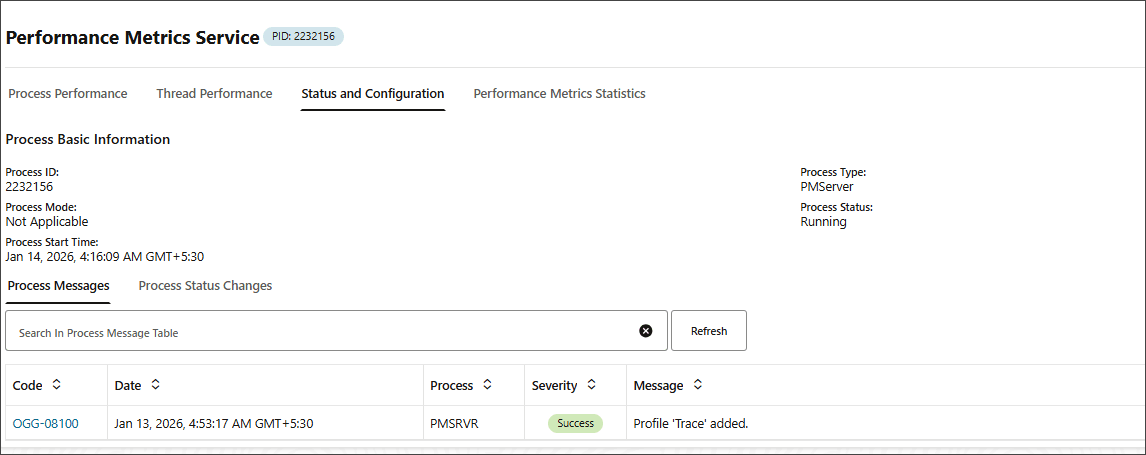 Performance Metrics Service Status and Configuration tab