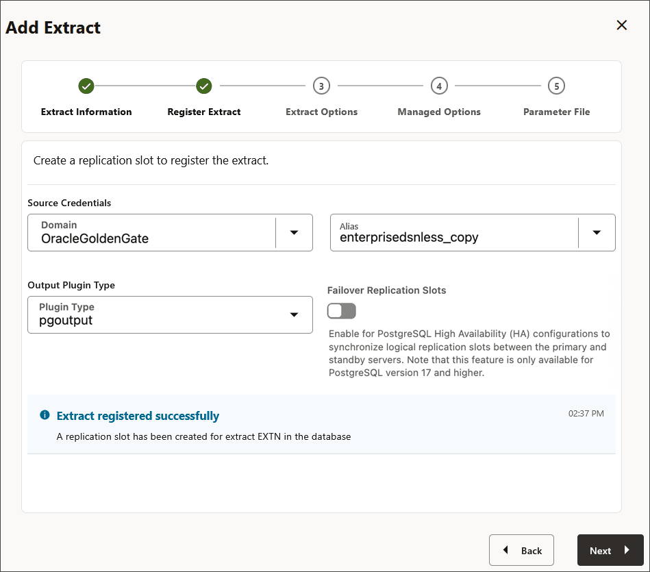 A message displays that the Extract is registered successfully.