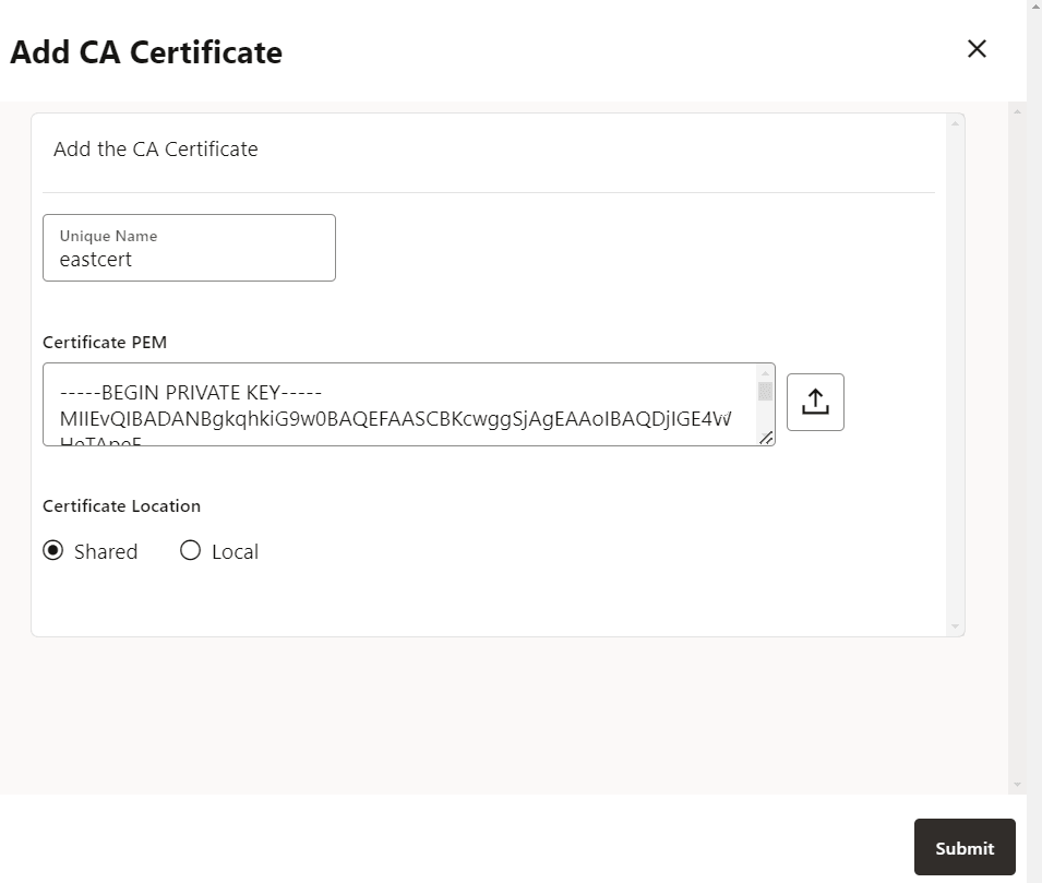 Add the root certificate as a trusted certificate to the CA certificates in the GoldenGate deployment
