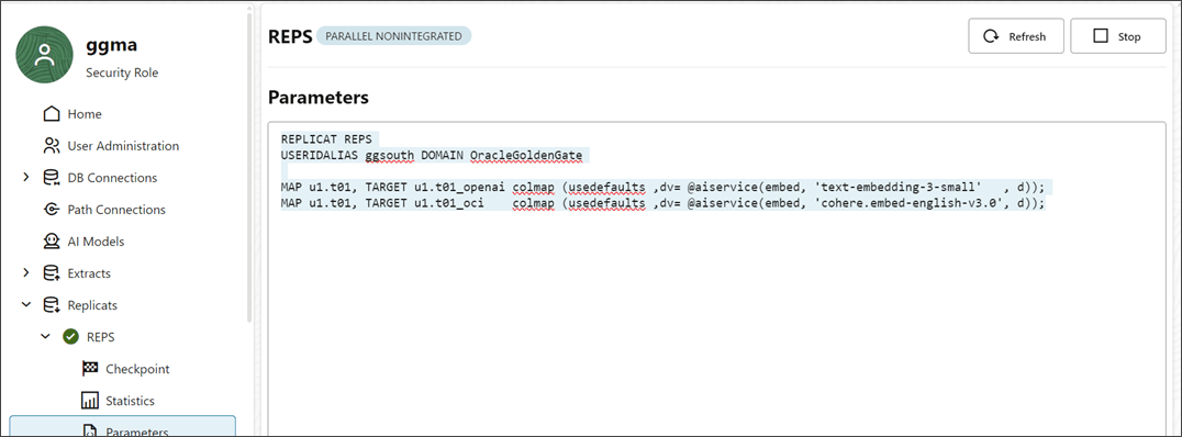 Replicat parameters file shows the use of AI Service embedded AI models.