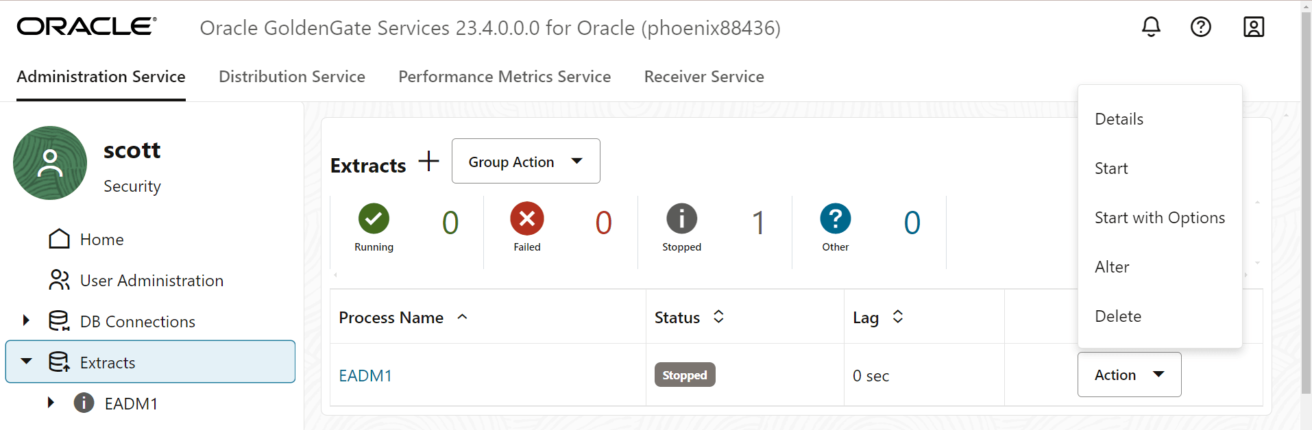 Alter option for Extract is displayed. Alter option for Extract is displayed.